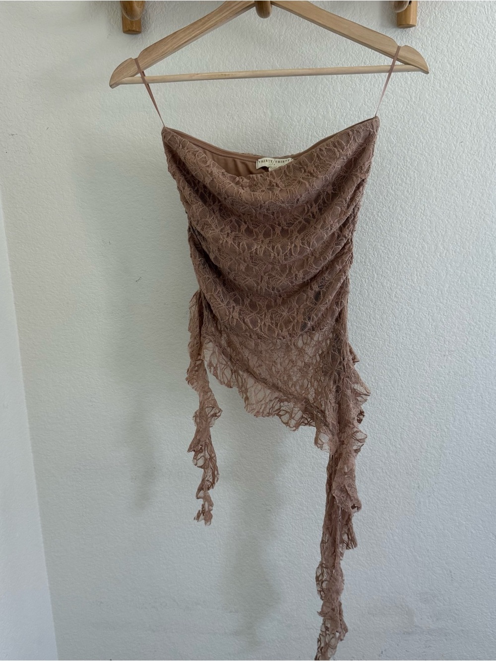 Y2K romantic festival boho tan lace cami bandeau top with ruffled hem size XS-S